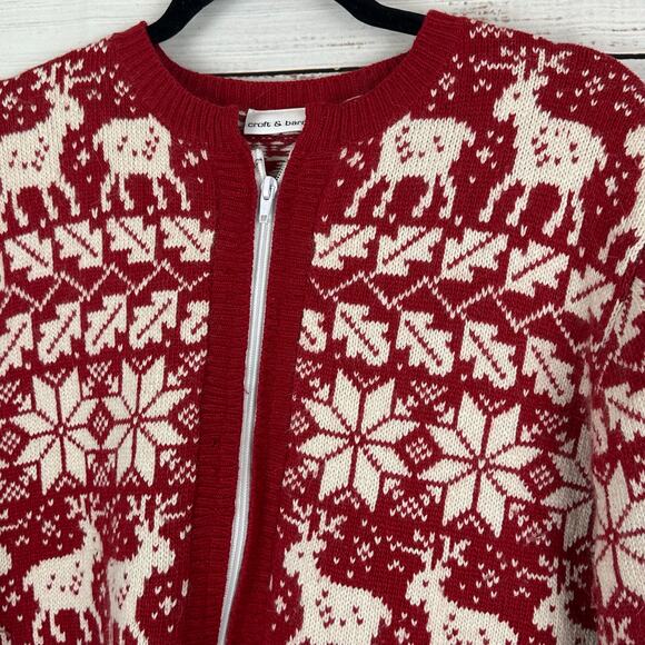 Women's Croft & Barrow Silk Blend Reindeer Snowflake Red Cream Zip Cardigan Sz L - Picture 3 of 8